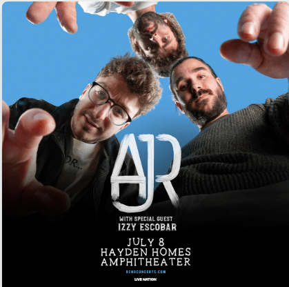 Pair of bearded men wearing glasses and white shirts, promoting a concert with raised hands in Central Oregon.