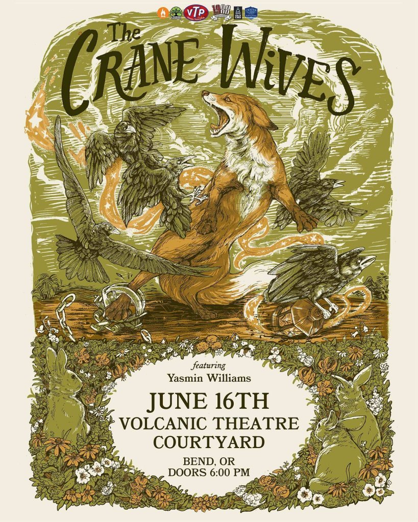 A vibrant poster for The Crane Wives featuring a fox, crows, and a rabbit, set against a lush, green landscape in Central Oregon.
