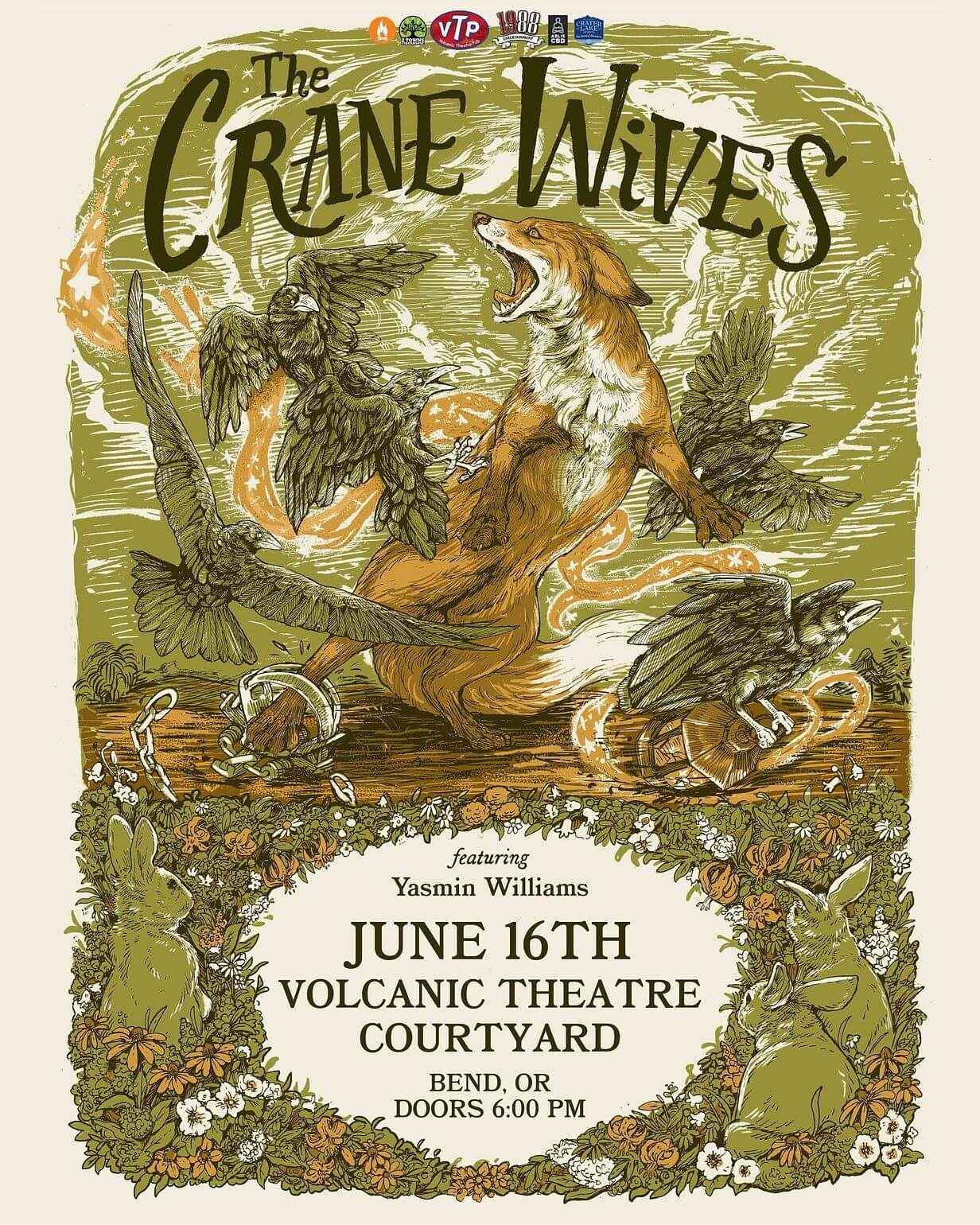 A vibrant poster for The Crane Wives featuring a fox, crows, and a rabbit, set against a lush, green landscape in Central Oregon.