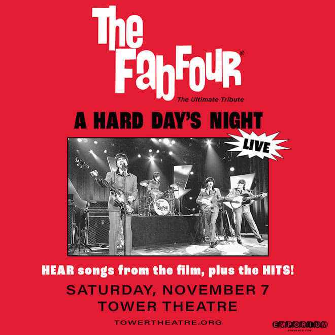 A promotional poster for 'The Fab Four: A Hard Day's Night', featuring a live performance poster and event details in Central Oregon.