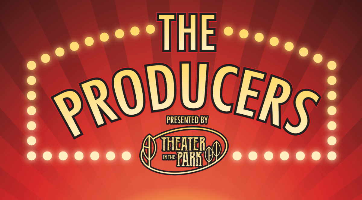 A vibrant poster for 'The Producers', featuring a bright, circular design with the title prominently displayed in Central Oregon.