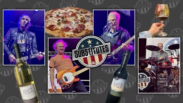 A collage featuring musicians, a pizza, a wine bottle, and a hand holding a glass, all related to the band Subscribers in Central Oregon.