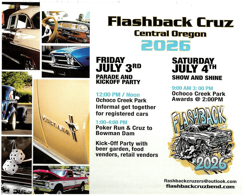 Flashback Cruzers 2026 event poster featuring classic cars and details of the parade and show in Central Oregon.