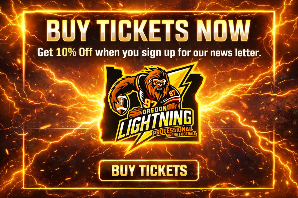 A promotional poster for Oregon Lightning, featuring a fiery, lightning-struck gorilla holding a football in Central Oregon.