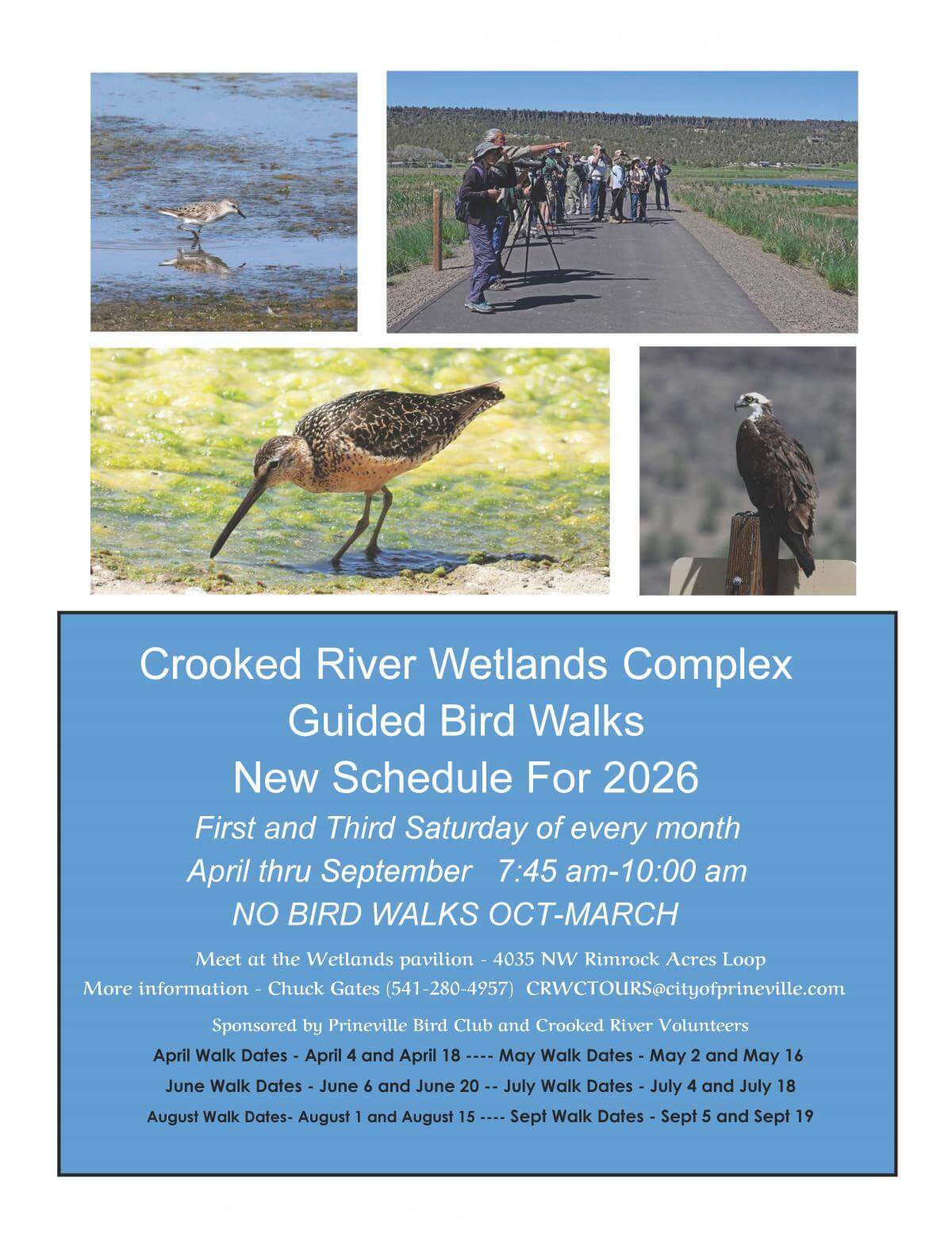 Crocked River Wetlands Complex guided bird walks schedule for 2026 in Central Oregon.
