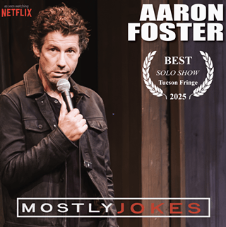 Aaron Foster performs stand-up comedy on stage, holding a microphone in Central Oregon.