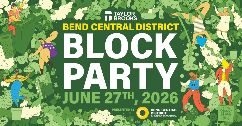 A vibrant block party with diverse characters celebrating in a lush, green environment in Central Oregon.