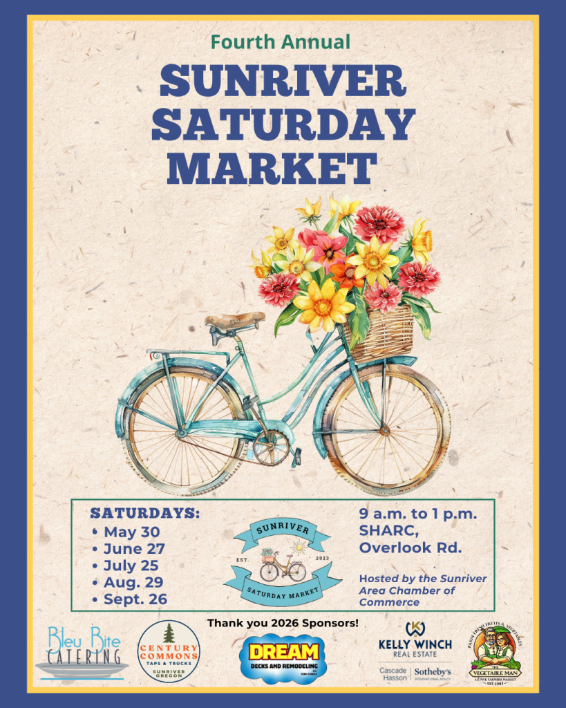 A vintage-style poster advertising the Fourth Annual Sunriver Saturday Market with a colorful illustration of a bicycle adorned with flowers in Central Oregon.