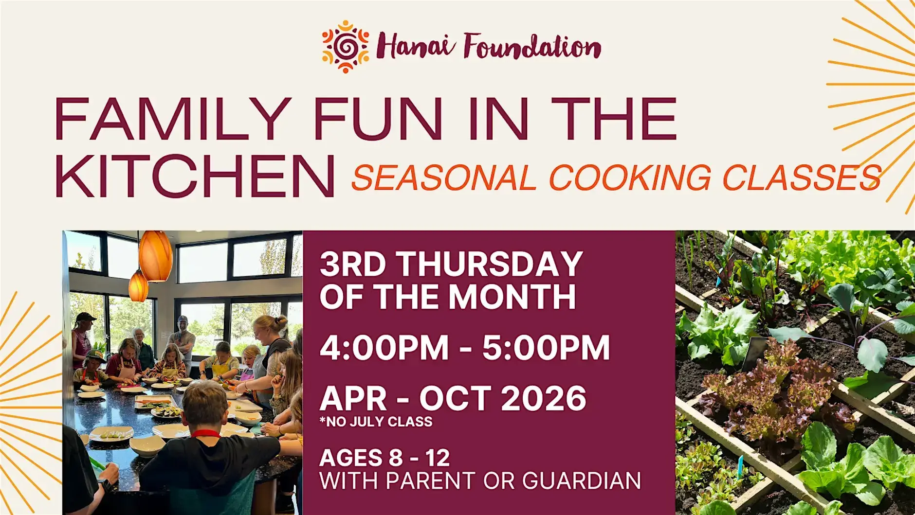 Family Fun in the Kitchen: Seasonal Cooking Classes for Ages 8-12 with Parents or Guardians in Central Oregon.