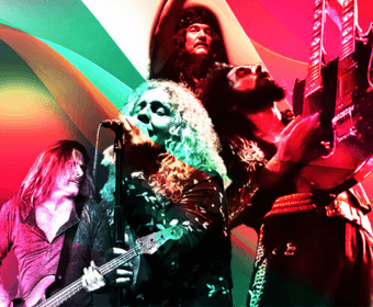 A vibrant, psychedelic collage featuring four musicians in dynamic poses, each playing a different instrument, set against a swirling backdrop of colorful abstract shapes and patterns in Central Oregon.