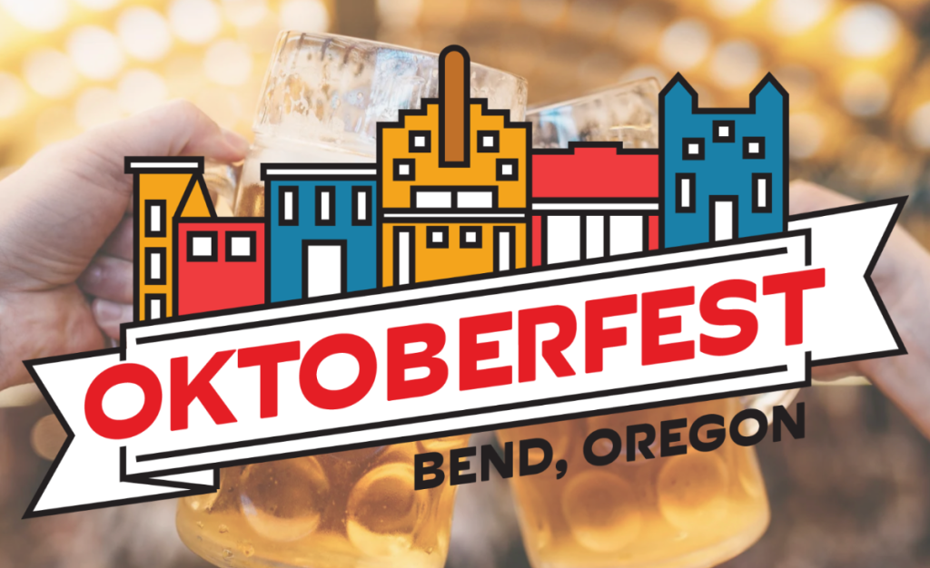 Two hands clinking beer steins filled with golden beer, with a colorful city skyline banner reading 'Oktoberfest Bend, Oregon' in the background in Central Oregon.