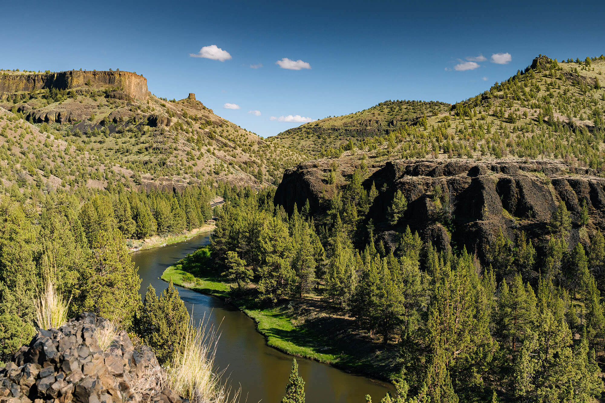 A winding river cuts through a lush, green valley surrounded by towering rock formations and dense forests in Central Oregon.
