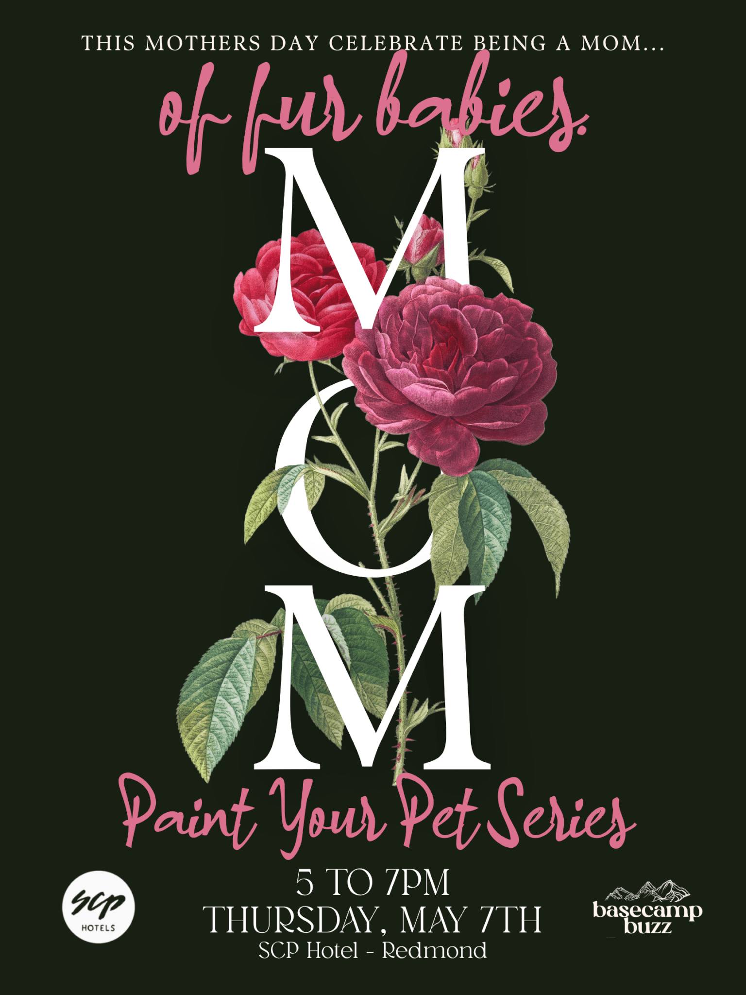 A vibrant poster celebrates Mother's Day with a floral 'M' and 'C' and promotes a pet painting event in Central Oregon.