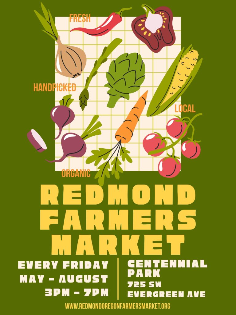 Colorful poster advertising the Redmond Farmers Market with fresh, organic produce in Central Oregon.