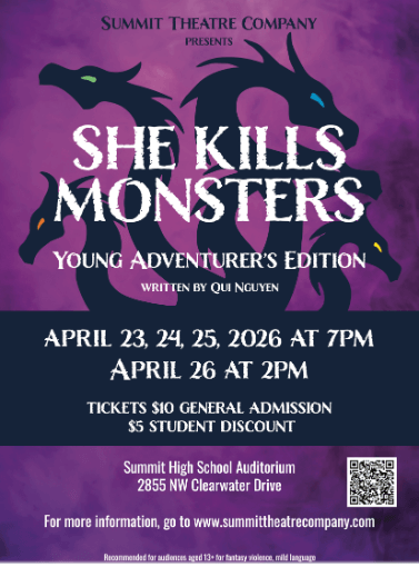 A poster for a fantasy play, 'She Kills Monsters', with dragon illustrations and event details in Central Oregon.