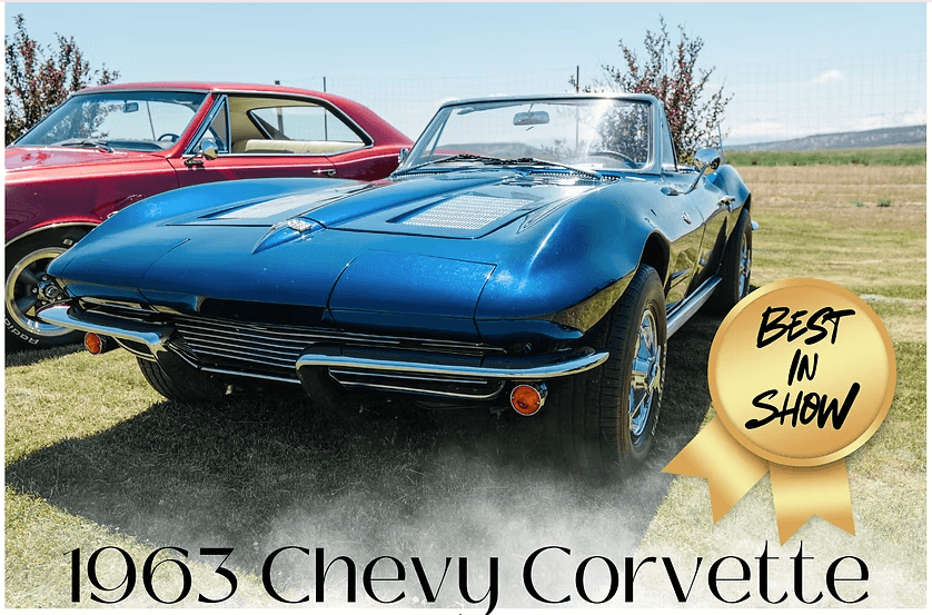 A striking 1963 Chevrolet Corvette convertible in vibrant blue, parked on a grassy field with a red classic car in the background, under a clear blue sky in Central Oregon.