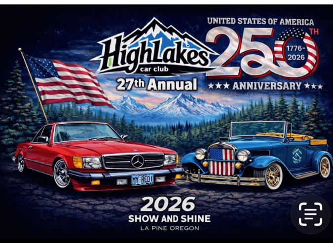 A vintage red Mercedes-Benz and a classic blue convertible with American flags celebrate the 250th anniversary of the United States at the High Lakes Car Club's 27th Annual Show and Shine in La Pine, Oregon in Central Oregon.