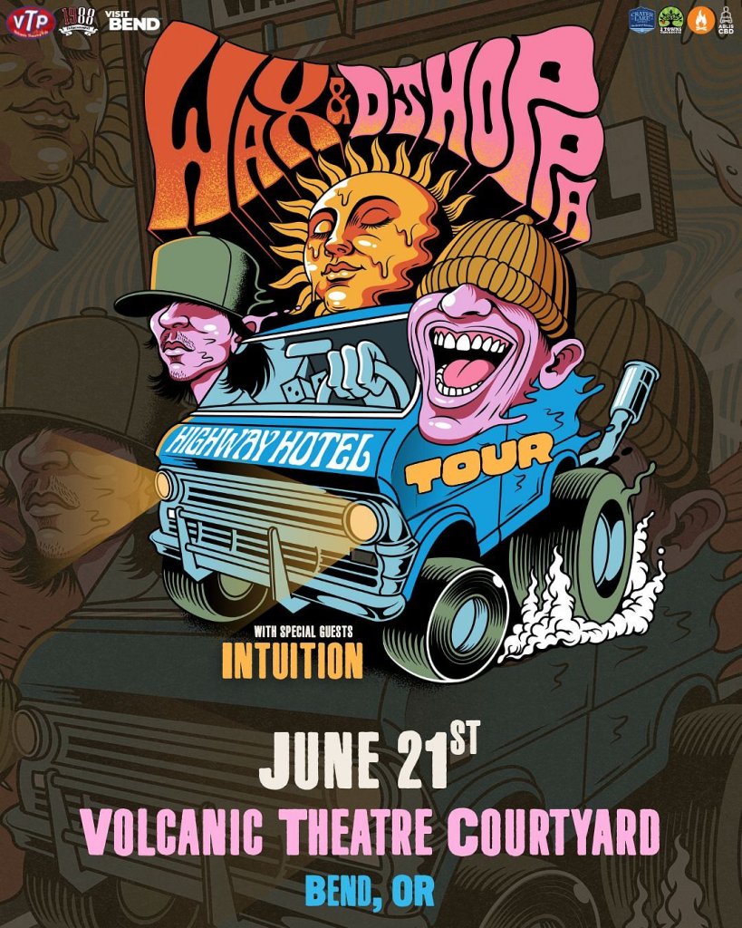 A vibrant poster for a music festival featuring a psychedelic sun, a car, and animated characters in Central Oregon.