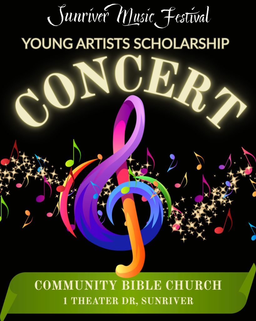 A vibrant poster for the Sunriver Music Festival's Young Artists Scholarship Concert, featuring a colorful musical note and details about the event at Community Bible Church in Sunriver in Central Oregon.