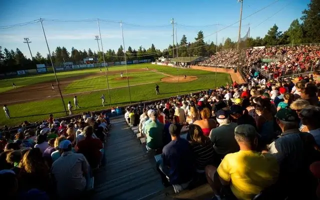 A vibrant baseball stadium filled with spectators, watching an intense game under a clear blue sky in Central Oregon.