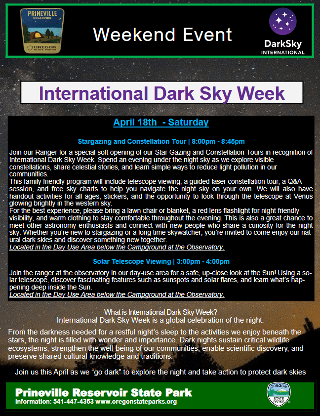 International Dark Sky Week event at Prineville Reservoir State Park featuring stargazing and constellation tours, solar telescope viewing, and information about dark sky preservation in Central Oregon.
