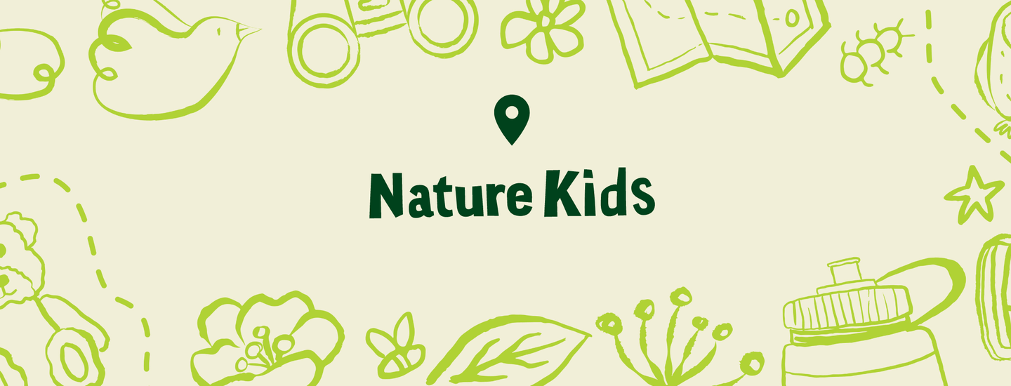 A whimsical illustration featuring a variety of nature-themed doodles and the text 'Nature Kids' with a location pin icon in Central Oregon.