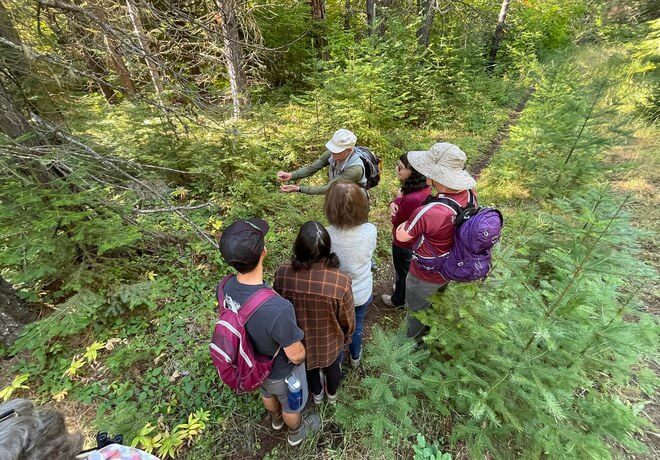 A group of hikers explores a lush forest trail, following a guide who points out plants in Central Oregon.