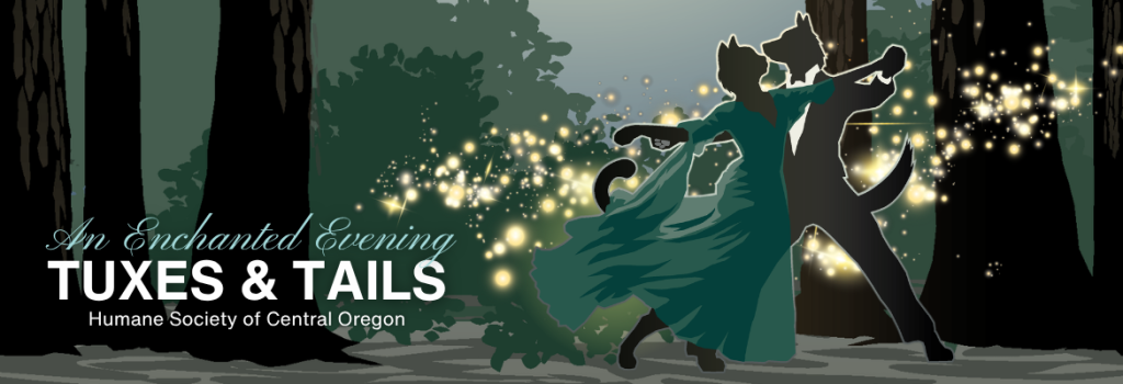 A couple dressed in formal attire dances in a magical forest setting, surrounded by sparkling lights and tall trees in Central Oregon.
