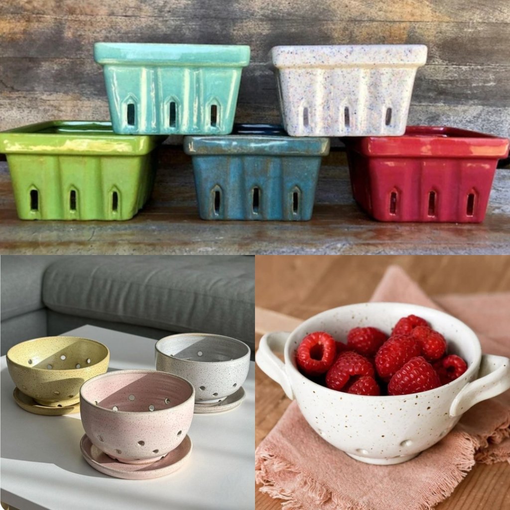 Handcrafted ceramic colanders in various colors and sizes, some filled with fresh raspberries in Central Oregon.