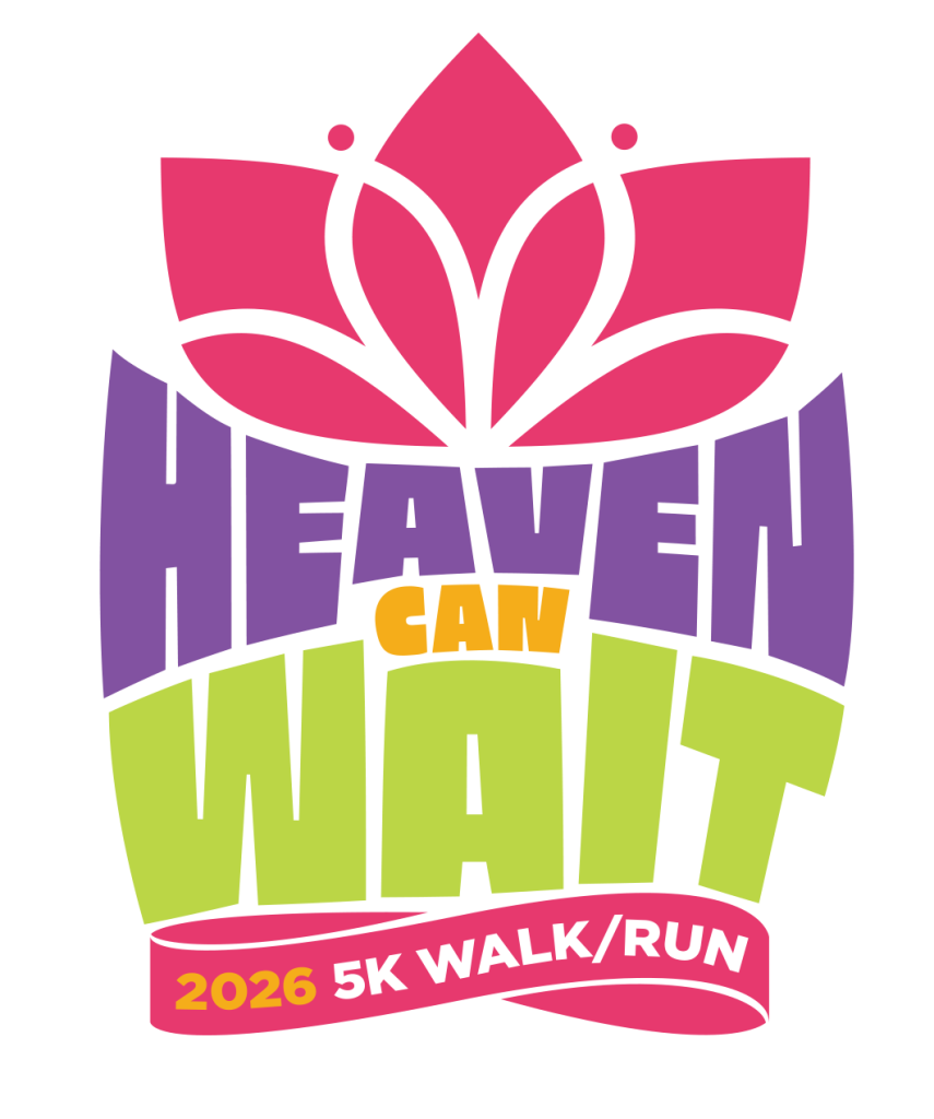 A vibrant poster featuring a lotus flower design with the text 'Heaven Can Wait 5K Walk/Run 2022' in colorful, bold letters in Central Oregon.
