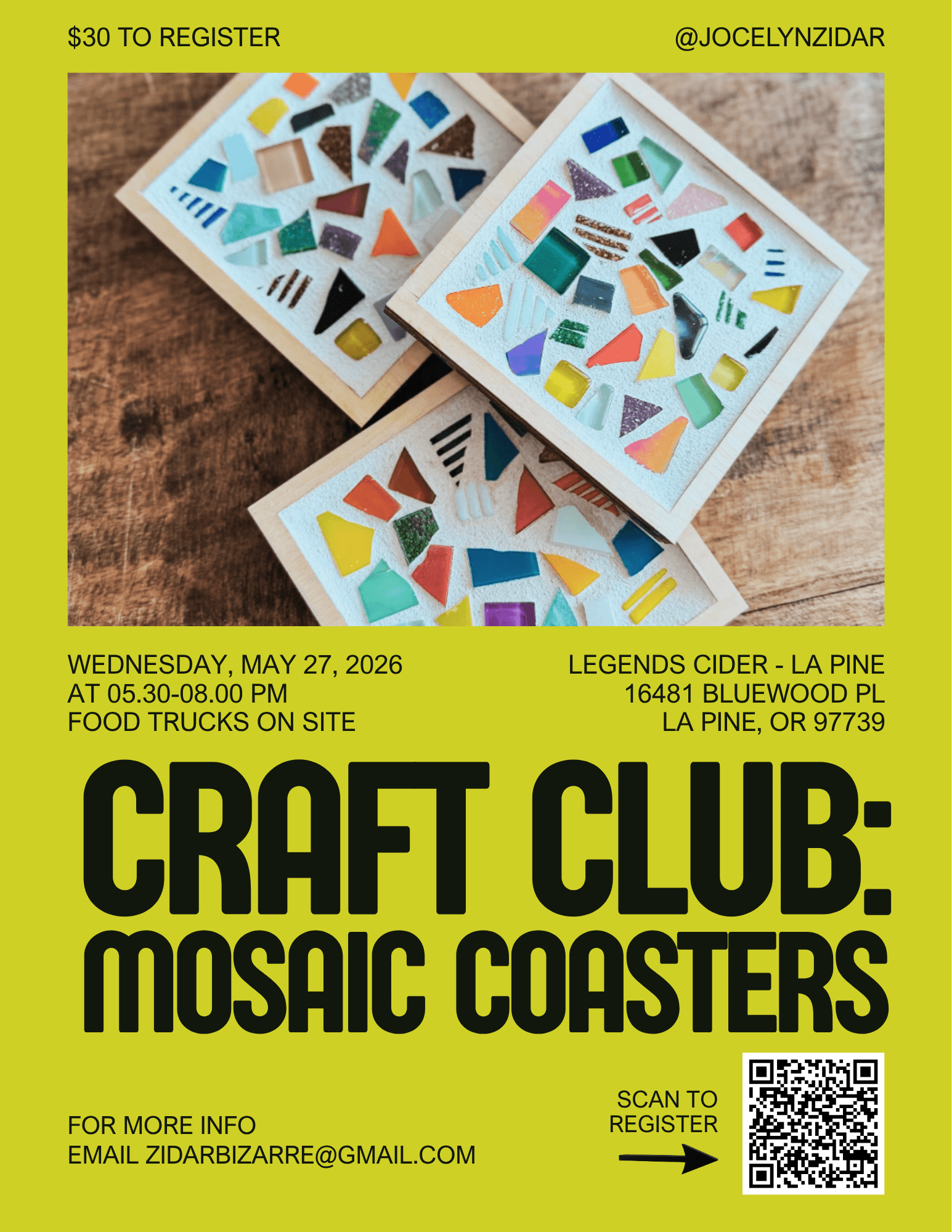 A vibrant poster advertising a craft club event for making mosaic coasters, featuring colorful glass tiles and a QR code for registration in Central Oregon.