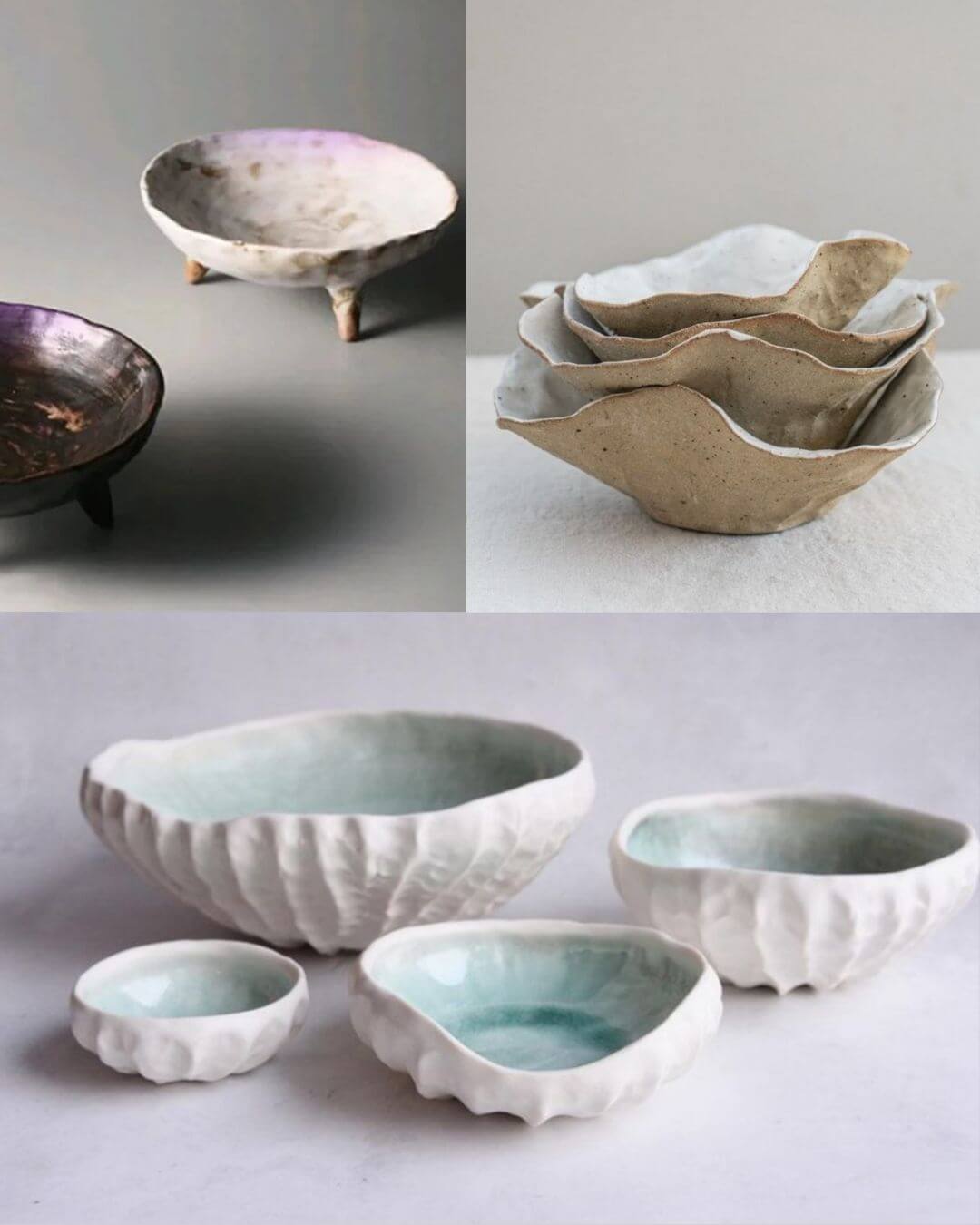 Handcrafted ceramic bowls with unique textures and shapes, including a purple-glazed bowl, stacked rustic bowls, and white bowls with shell-like textures in Central Oregon.