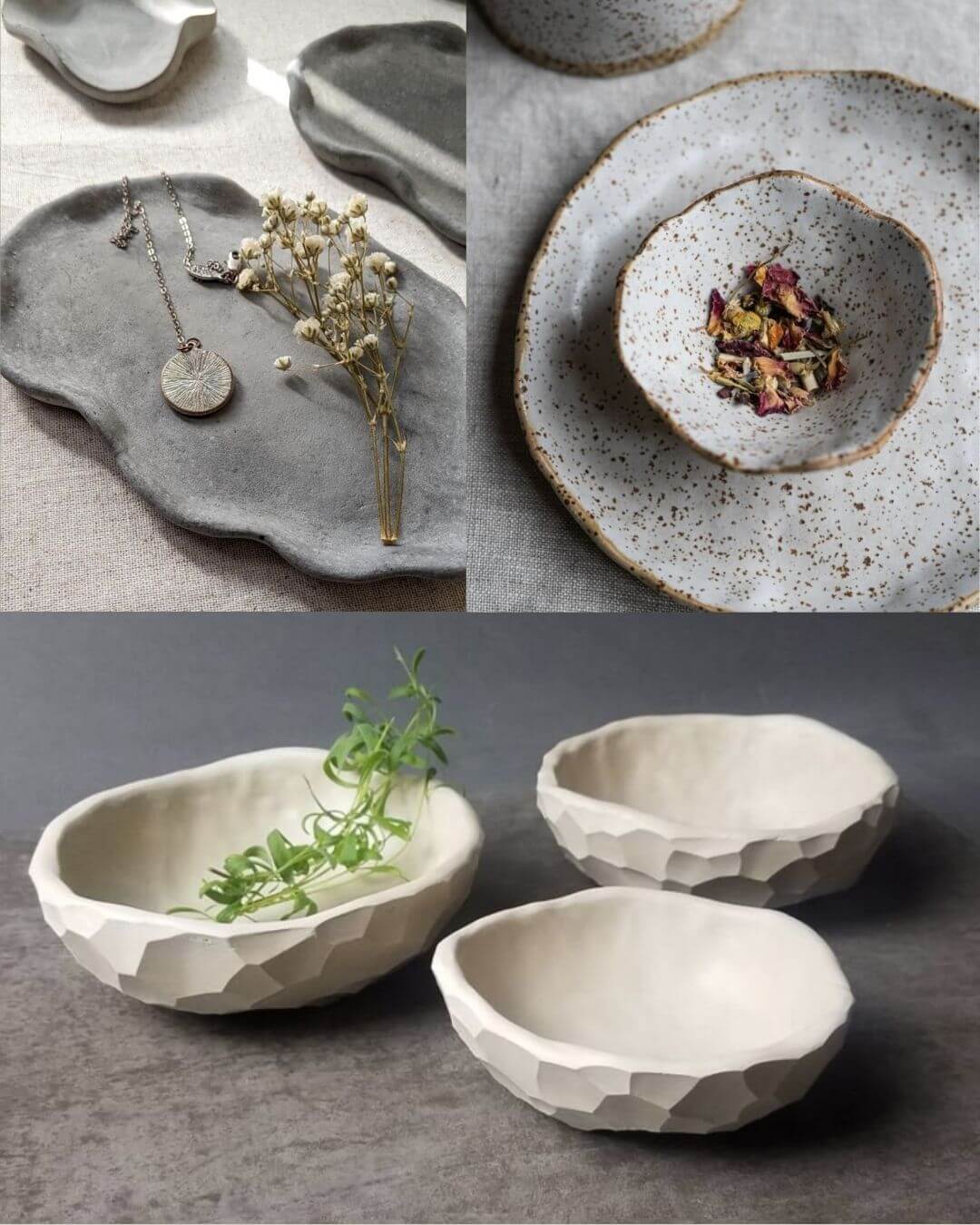 Handcrafted ceramic and stoneware items including a necklace with a circular pendant, a small bowl with dried flowers, and three textured white bowls with greenery in Central Oregon.