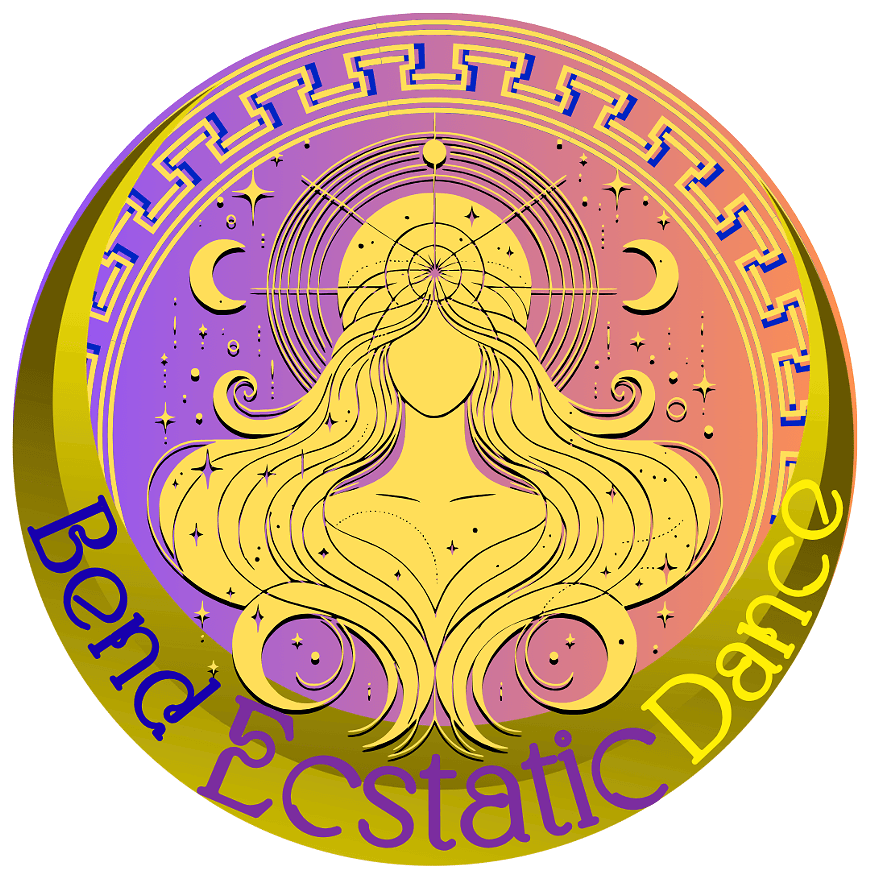 A vibrant, circular logo featuring a stylized, golden woman with flowing hair surrounded by celestial symbols and a purple and yellow color gradient in Central Oregon.