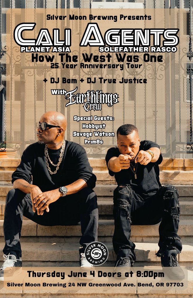 Two men in black attire and jewelry sit on stone steps, promoting a music event in Central Oregon.