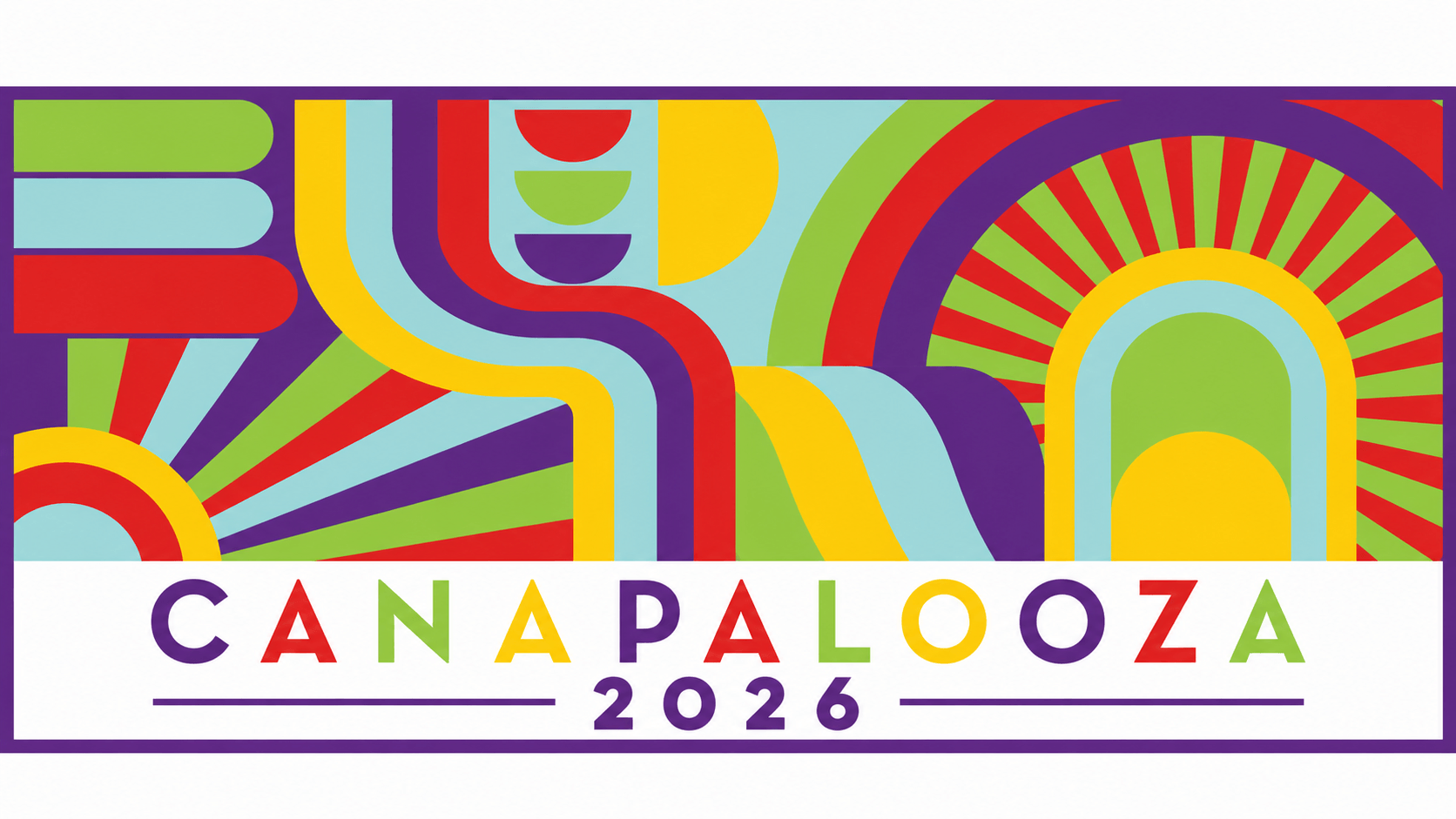 A vibrant poster with geometric shapes and bold colors advertising CANAPALOOZA 2026 in Central Oregon.