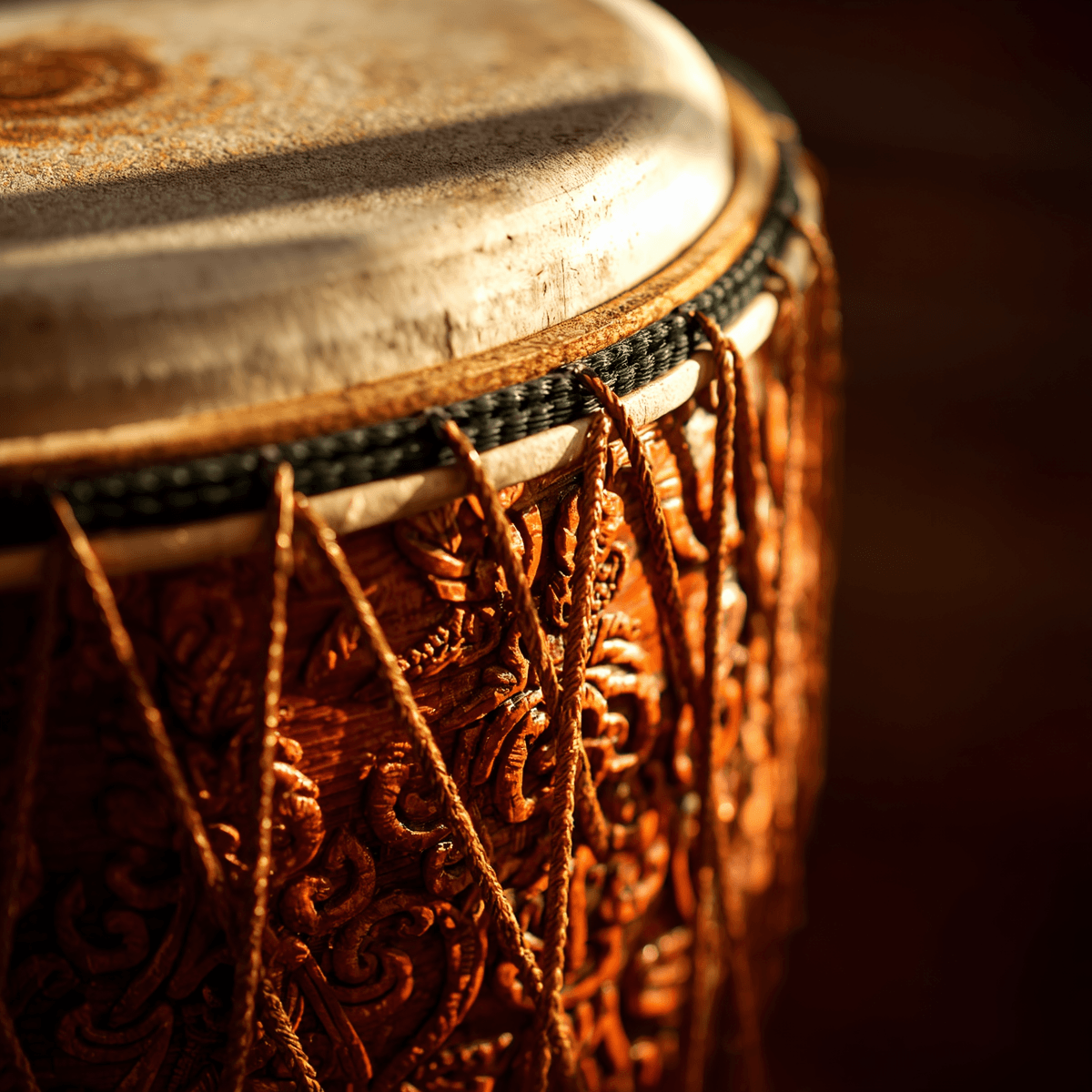 A beautifully crafted wooden drum with intricate carvings and a worn, textured head in Central Oregon.