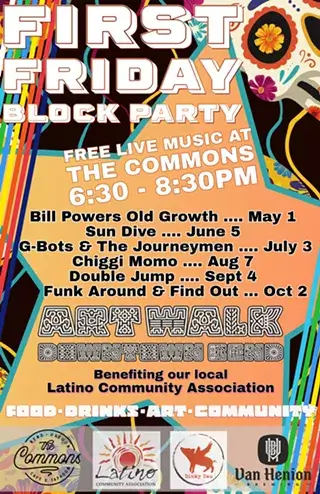 Vibrant poster advertising a First Friday Block Party with live music, art walk, and food and drinks, benefiting the Latino Community Association in Central Oregon.