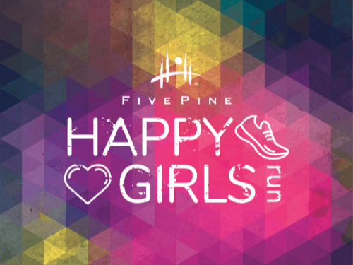 A vibrant poster with a colorful geometric background promoting the Five Pine Happy Girls Run event in Central Oregon.
