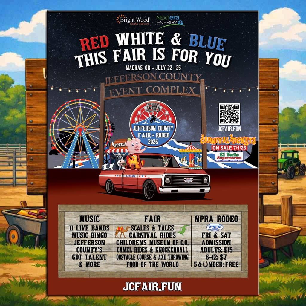 A vibrant poster advertising the Jefferson County Fair with a red pickup truck, carnival rides, and a colorful ferris wheel in Central Oregon.