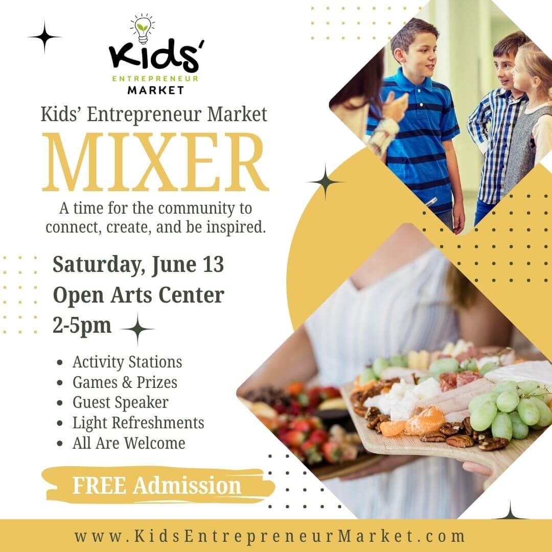 A vibrant poster advertising the Kids' Entrepreneur Market Mixer, featuring smiling children and a colorful spread of food, inviting the community to connect, create, and be inspired in Central Oregon.
