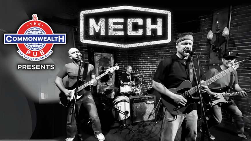 A black and white image of a band performing at a venue called 'Mech' presented by The Commonwealth Pub, featuring four musicians playing guitars and drums in Central Oregon.