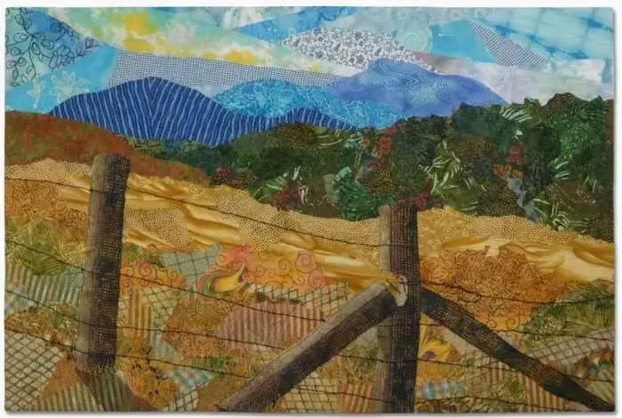 A vibrant landscape collage featuring rolling hills, a wooden fence, and distant mountains under a colorful sky in Central Oregon.