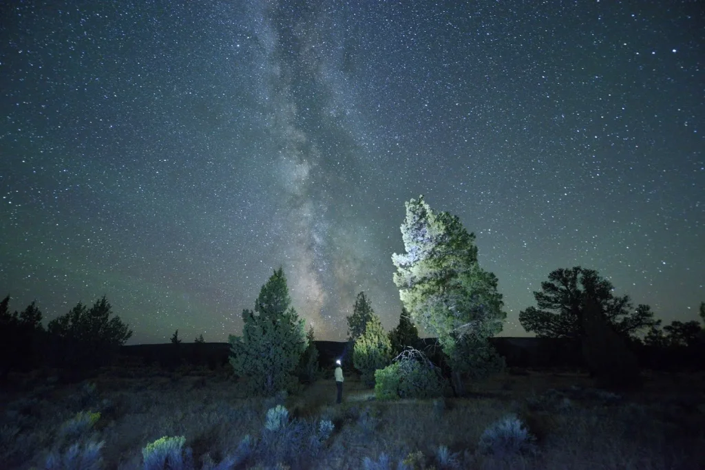 A lone hiker stands under the Milky Way, illuminated by a flashlight, amidst a starry night sky and a desert landscape with scattered trees in Central Oregon.