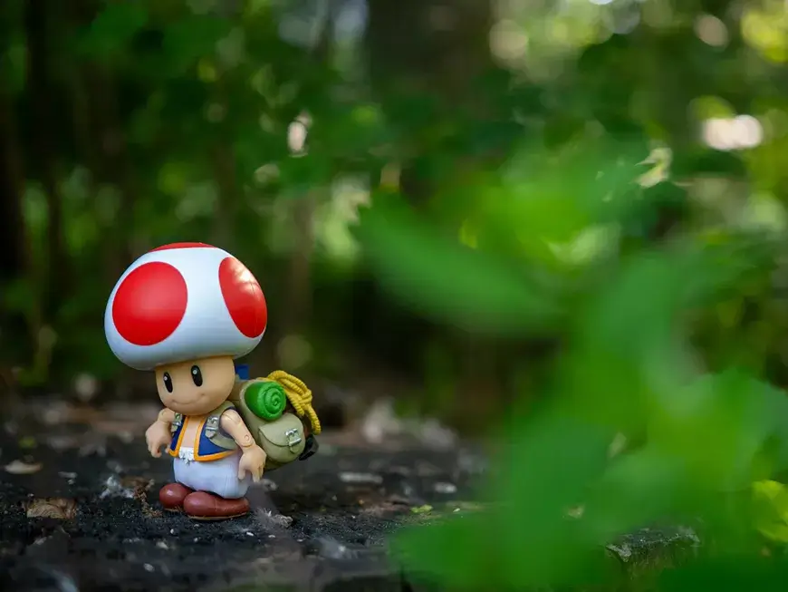 A toy figure of Toad from Super Mario, dressed as a hiker with a backpack, stands on a forest floor surrounded by lush greenery in Central Oregon.