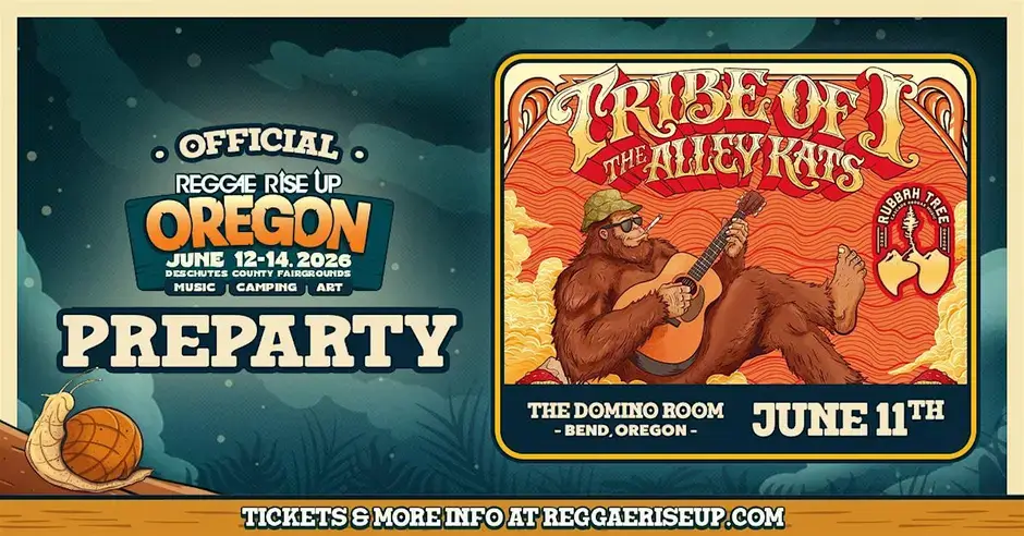 A poster advertising the Preparty for the Official Reggie Rise Up Oregon festival, featuring a cartoon bigfoot playing guitar and a whimsical design in Central Oregon.