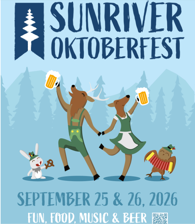 A festive poster for Sunriver Oktoberfest featuring dancing deer in traditional German attire, a rabbit, and an owl, with mountains and trees in the background in Central Oregon.