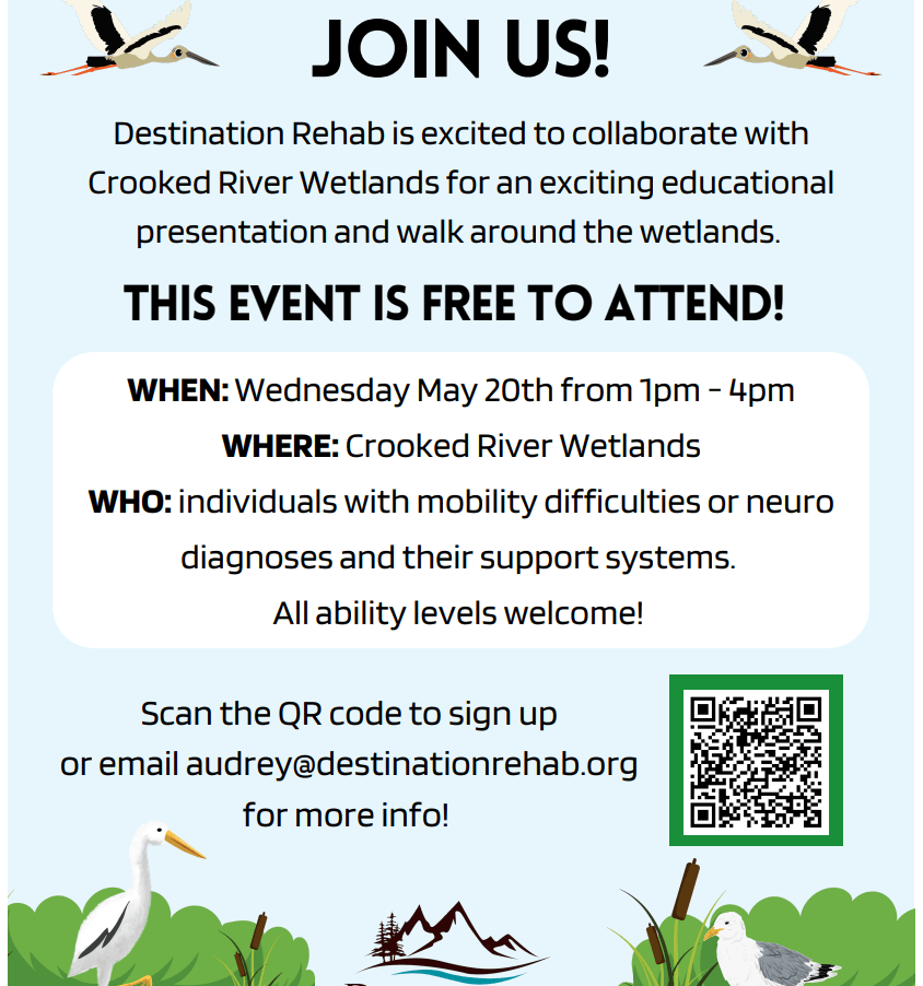 Join Destination Rehab for a free educational event at Crooked River Wetlands on May 20th, featuring a presentation and walk for individuals with mobility or neuro-diagnoses and their support systems in Central Oregon.