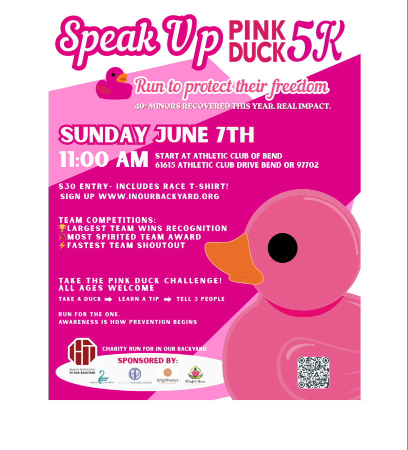 A vibrant pink poster advertising the Speak Up Pink Duck 5K run to support breast cancer awareness, featuring a cute pink rubber duck and event details in Central Oregon.