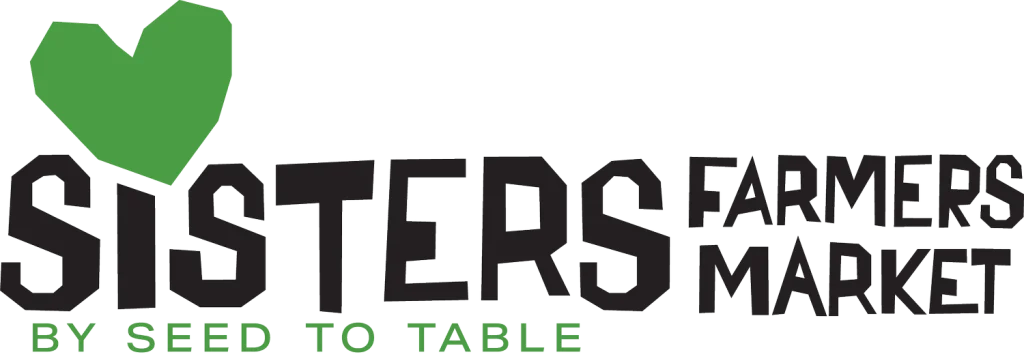 A vibrant green heart symbol above the text 'Sisters Farmers Market' with the tagline 'By Seed to Table' in a contrasting green font in Central Oregon.